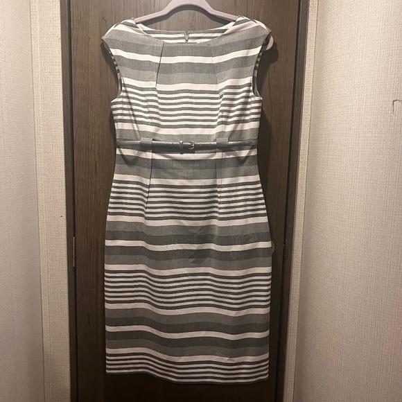 Calvin Klein Grey & White Striped Sheath Dress with Belt – Size 10 - Picture 1 of 5